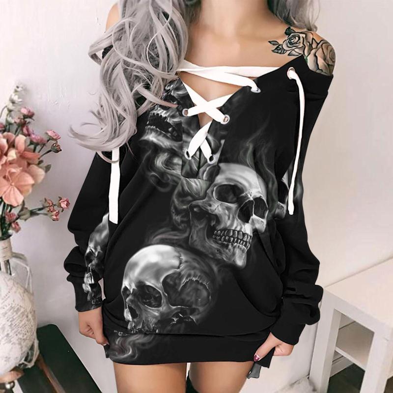 

Women' Hoodies Lace Up Gothic Skull Rose Print Dress Women Off Shoulder Halloween Hoodie Strappy Long Sleeves Loose Grunge Vestidos, Khaki-c