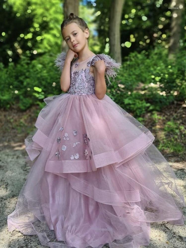 

Girl Dresses Flower Girls For Weddings Off The Shoulder Lace Appliques Kids Birthday Party First Communion Gowns, All ivory