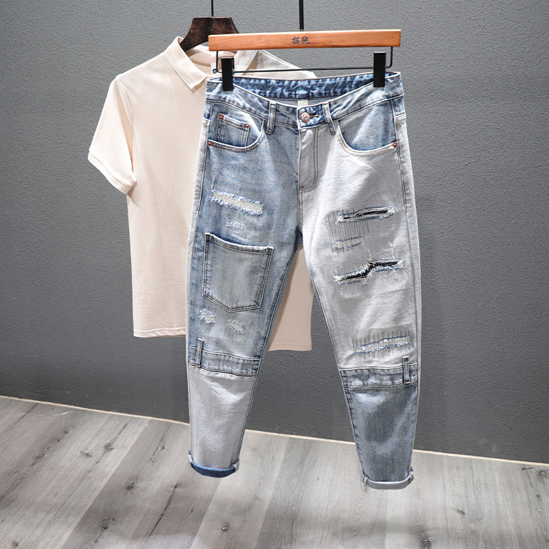 

Men's Jeans Streetwear Designer Men Ripped Jeans Personality Patchwork Pocket Korean Ripped Hole Stitching Denim Trousers Male Hip Hop 230414, Blue