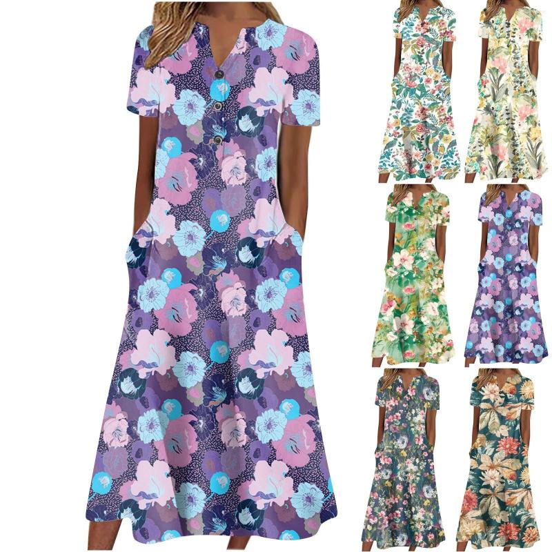 

Casual Dresses Dress For Women V Neck Short Sleeve Botton Floral Print With Pocket Long Midi Body