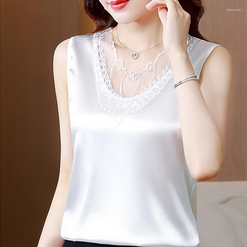 

Women's Blouses Casual Office Lady Silk Clothing Elegant Loose Shirts Sexy Lace Sequin Tops Summer Women Sleeveless Satin Blouse Blusas, White