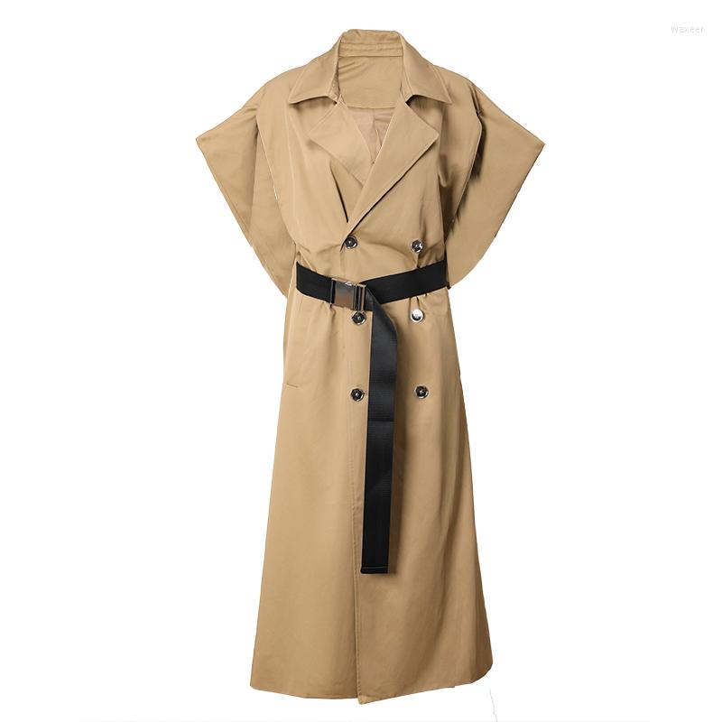 

Women's Trench Coats Fashion Coat Laple Loose Double Breasted Sleeveless Metal Buckle Belt Windbreaker Autumn 2023 17A2731, Khaki