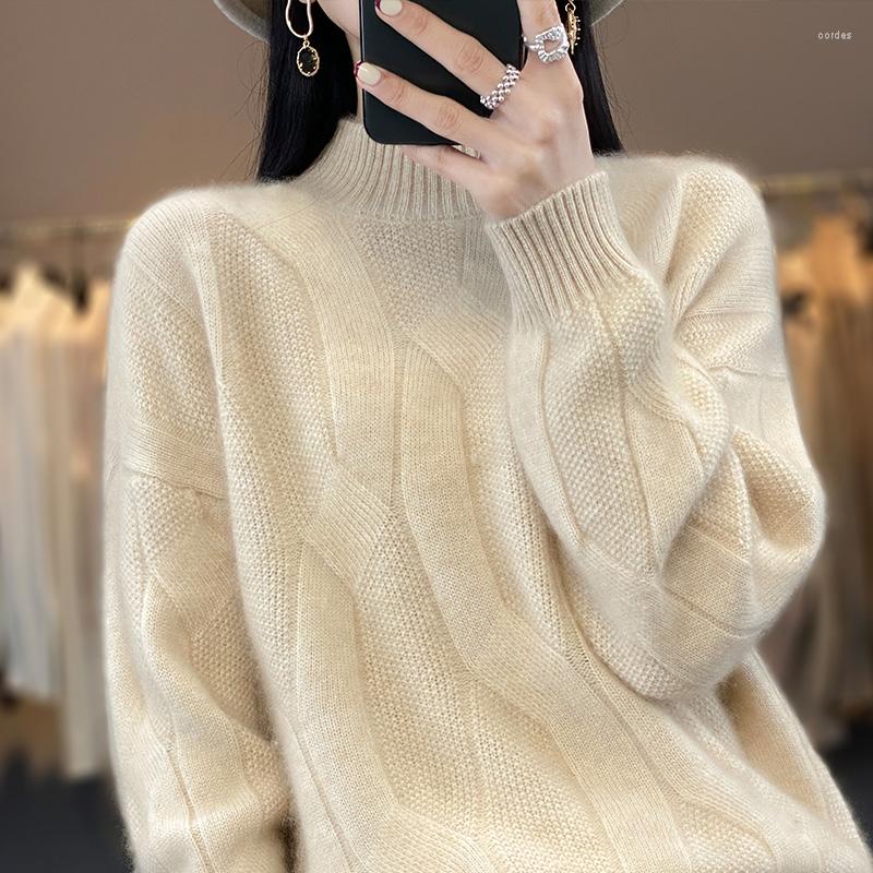 

Women's Sweaters Pure Wool Half High Neck Cashmere Sweater Women's Loose Heavy Fried Dough Twist Autumn And Winter Pullover Bottomin, Camel