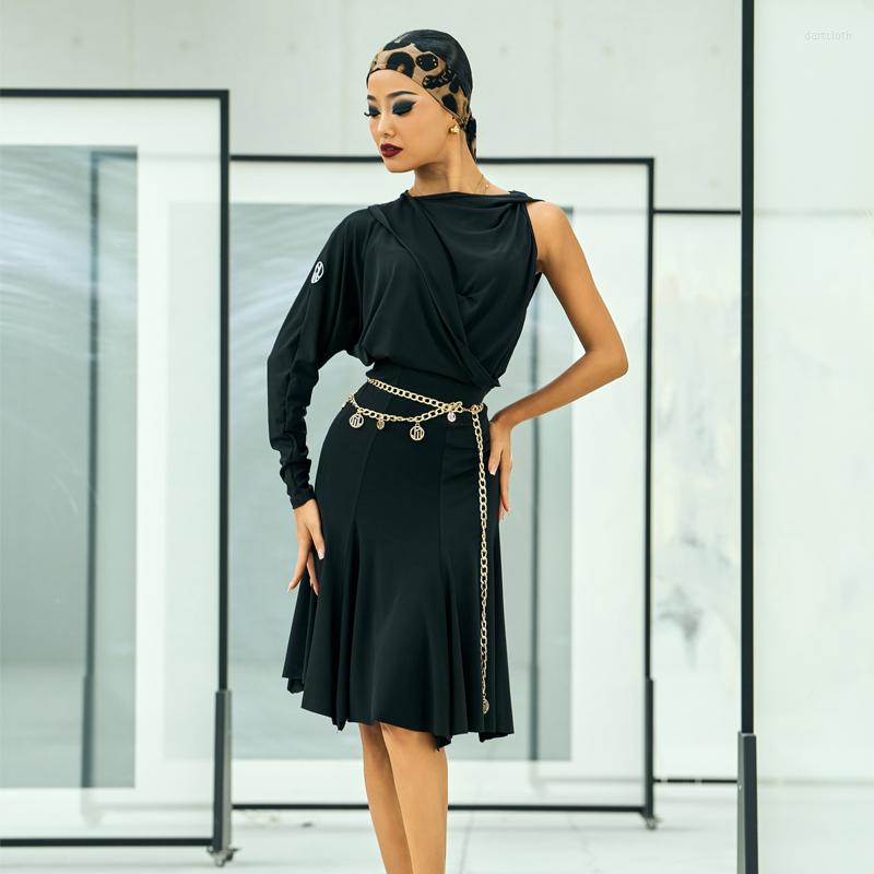 

Stage Wear Single Sleeve Black Latin Dance Dress Women Hoodie Adults Cha Salsa Performance SL7807, Black dress
