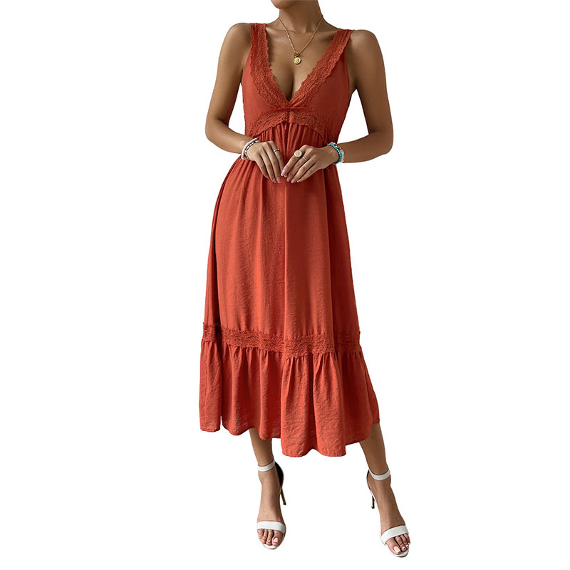 

V-neck A-line Women's Casual Dresses Spaghetti Straps Sleeveless Sashes Backless Lace Ruffles Panelled Applique Ruched Bust High Waist Midi Mid-calf Spring Summer, Soil red