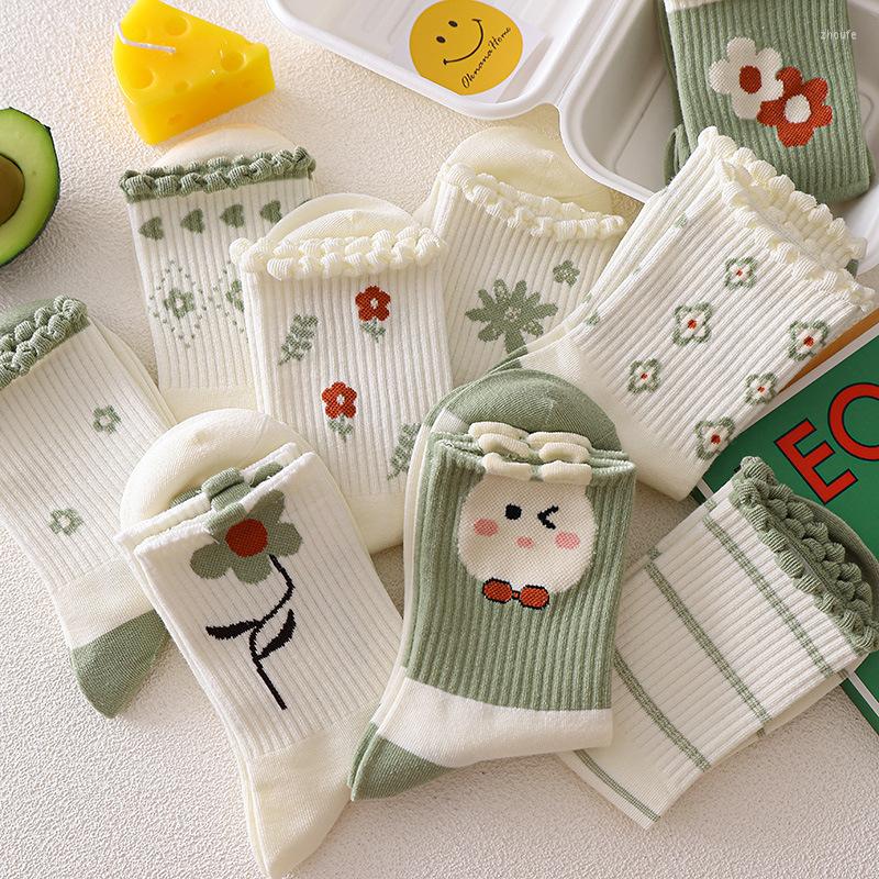 

Women Socks 2023 Autumn And Winter Cotton Women's Mid Tube Green White Flower Sweet Cute Soft Stockings