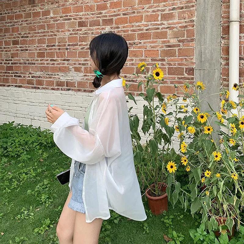 

Women' Blouses Shirt For Women Blouse Long Sleeve Female Chiffon Loose Tops Summer Cardigan Thin Sexy Solid Color Casual Shirts, White