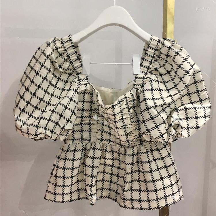

Women' Blouses Pleated Blouse Women Plaid Puff Sleeve Square Collar Backless Ladies Sweet Shirts 2023, Shirt