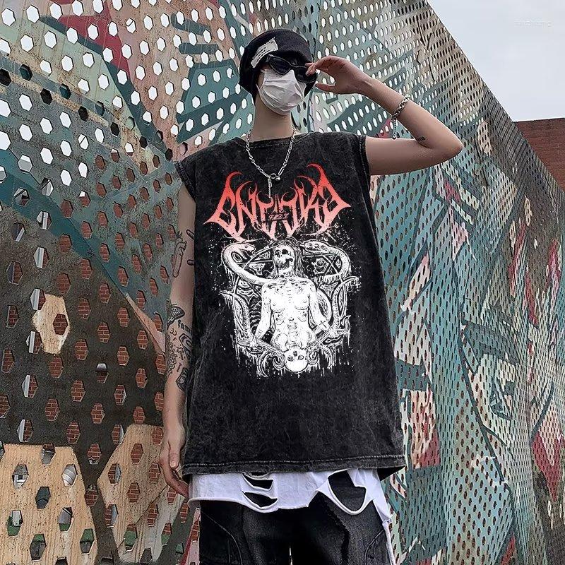 

Men's T Shirts 2023 Summer High Street Oversize Hip Hop Evil Printed Loose Fit Y2K Tees Streetwear Sleeveless Tops Vintage Tshirt, Black