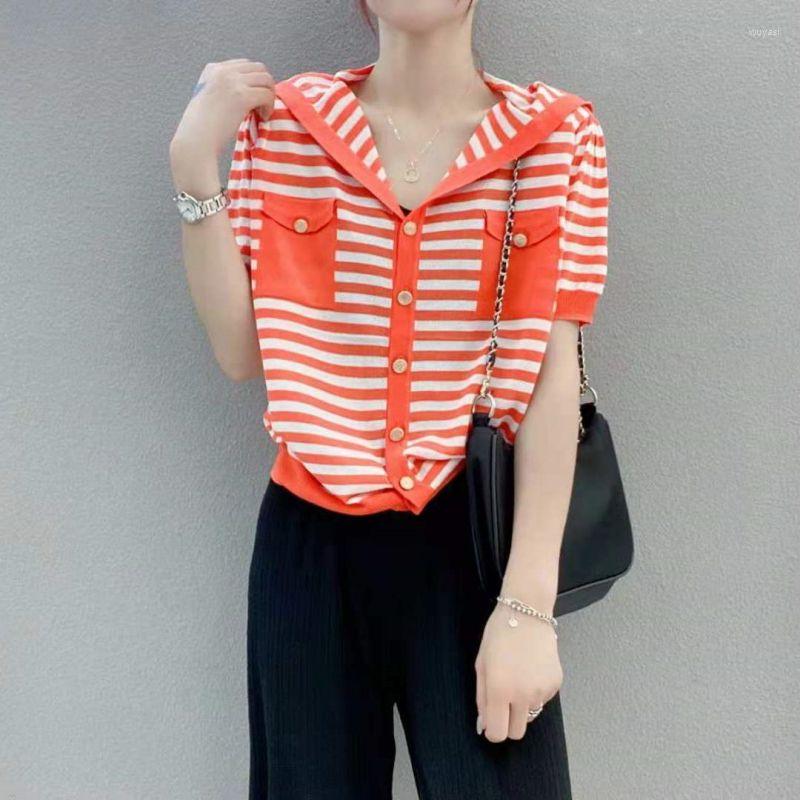 

Women's Blouses Fashion Hooded Knitted Button Spliced All-match Striped Shirt Women's Clothing 2023 Summer Casual Tops Loose Commute, Green