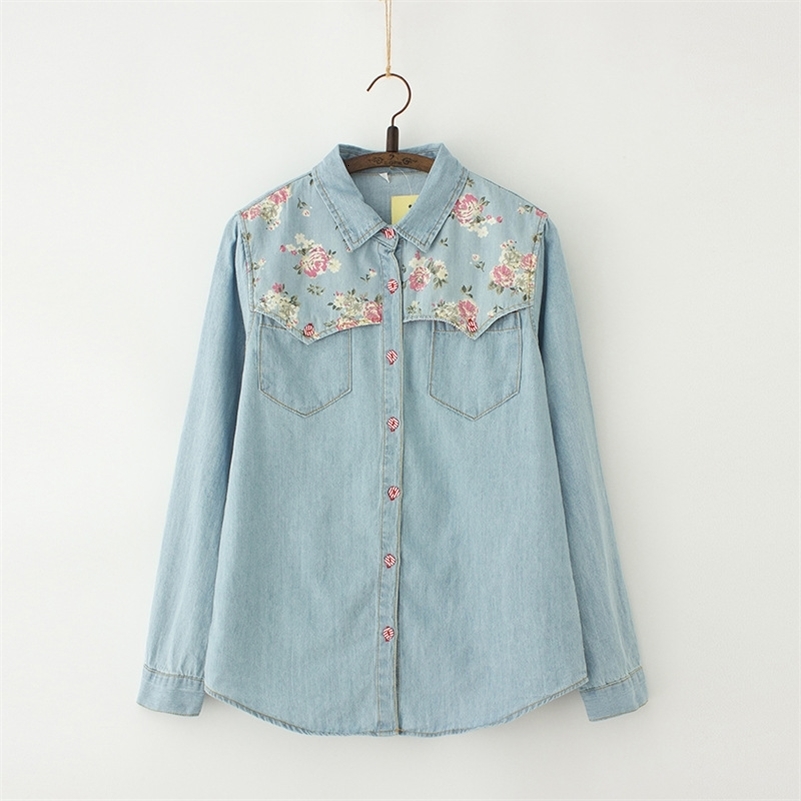 

Women's Blouses Shirts Autumn Denim Blouse Plus Size 4XL Women Loose Tops Flower Print Patchwork Jeans Blouses Long Sleeve Vintage Shirts Blusas AB327 230414, As the photo
