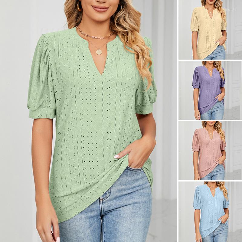 

Women's T Shirts Solid Elegant V-neck Loose Fitting Women's Shirt 2023 Summer Fashion Fluffy Sleeve And Hollowed Out Top, Blue