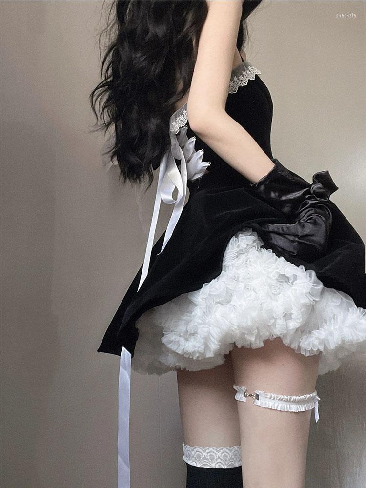

Casual Dresses Back Lace Strap Black Velvet Dress Women Cosplay Lolita Maid Slip High Waist Mini Flower Skirt Support Design