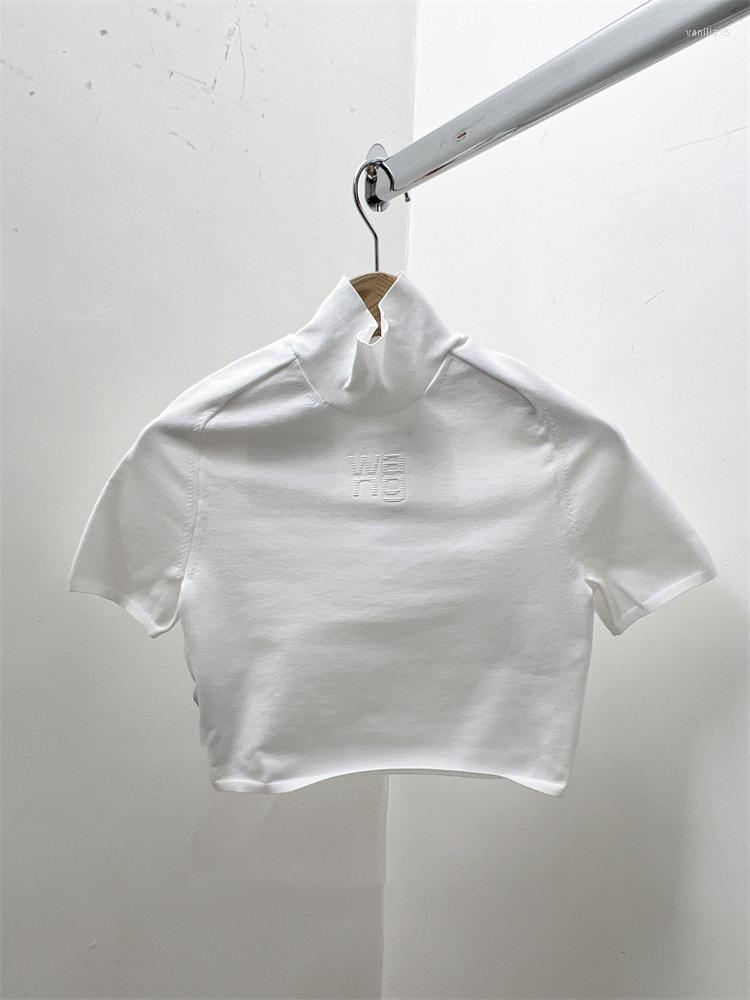

Women's Blouses 2023 Knitted Stretch Open Navel T-shirt Half High Neck Short Fit Solid Color Sleeve Top, White