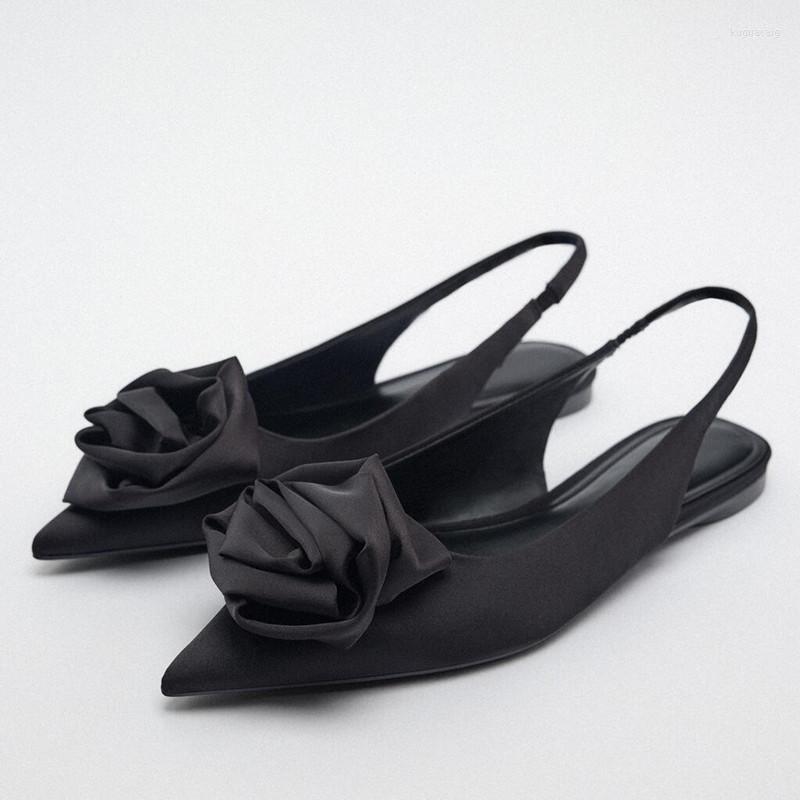 

Sandals TRAF 2023 Womans Flower Flat Slingbacks Women Pointed Toe Shoes Autumn Black Slippers Lady Casual Plus Size Flats