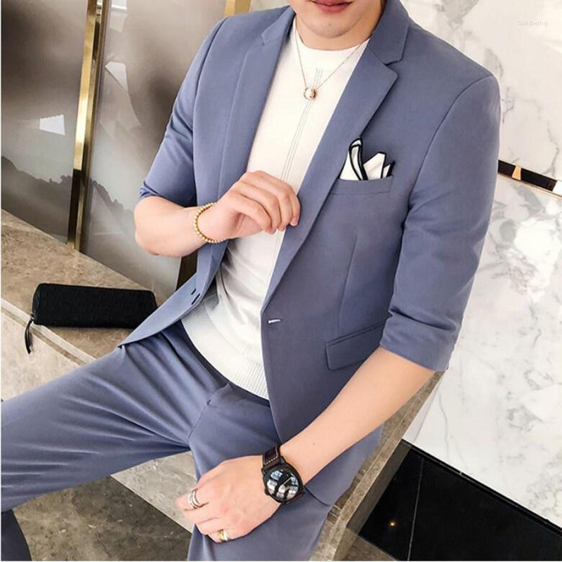 

Men's Suits (Jacket Pant) Masculino Shorts Sleeve Suit Coat Men Fashion Slim Fit Hairstylist 2-piece Blazers Summer Tuxedo, Pink