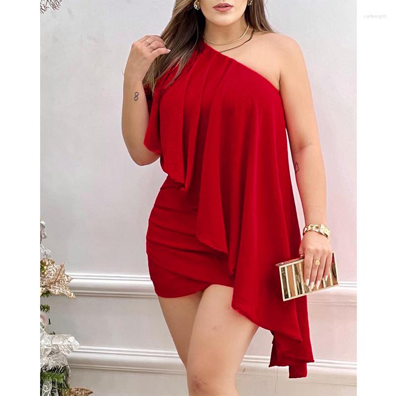 

Casual Dresses Women One Shoulder Ruched Party Club Mini Dress Solid 2023 Summer Vestido, Black