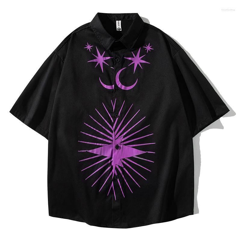 

Men's Casual Shirts Summer Oversize Shirt Men Printed Pattern Button Blouse Fashion Korean Streetwear Short Sleeved Clothing Tops Male Plus, Black