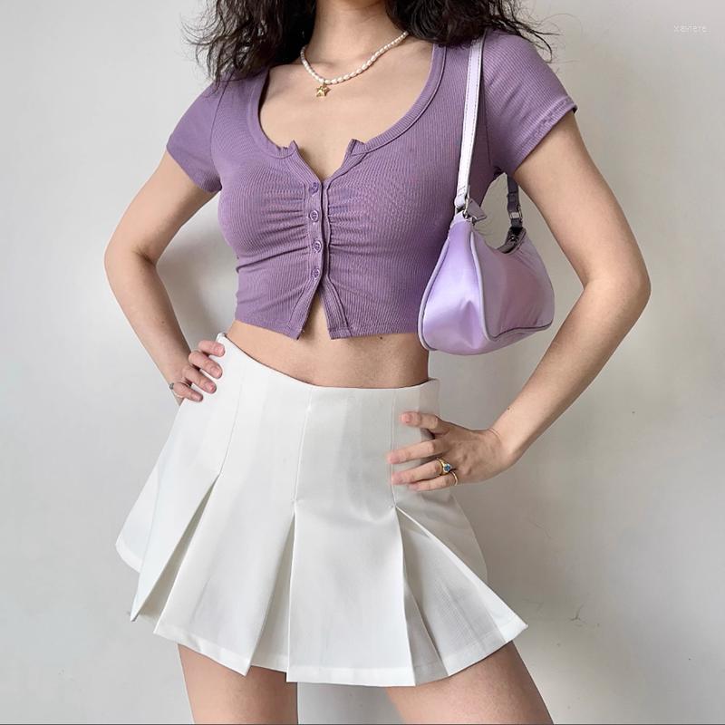 

Women' T Shirts American Style 2023 Spicy Girls Design Sense Short Sleeve T-shirt Women' Irregular Single Breasted Pleated Slim Fit, Bai