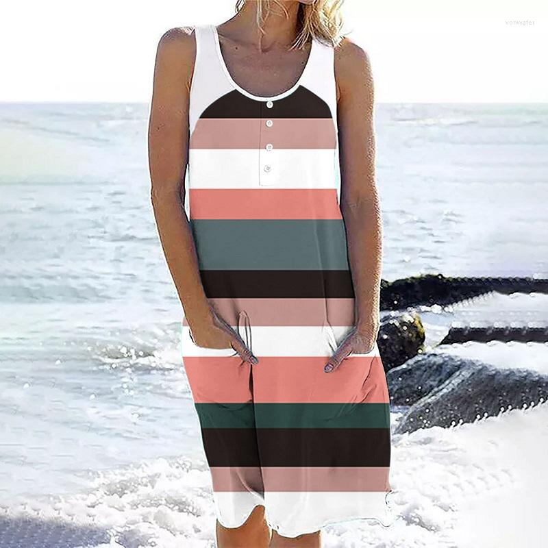 

Casual Dresses Colorful Striped Print Patchwrok Tank Sundress Women Sexy U Neck Buttoned Pocket Midi Dress Spring Summer Sleeveless Beach, 10 sky blue