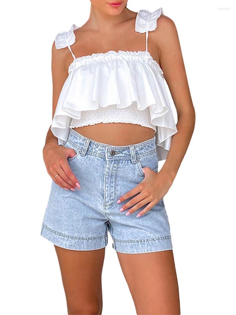 

Women' Tanks Women' Summer Mini Skinny Sling Vest Solid Color Sleeveless Backless Ruffle Crop Tops, White