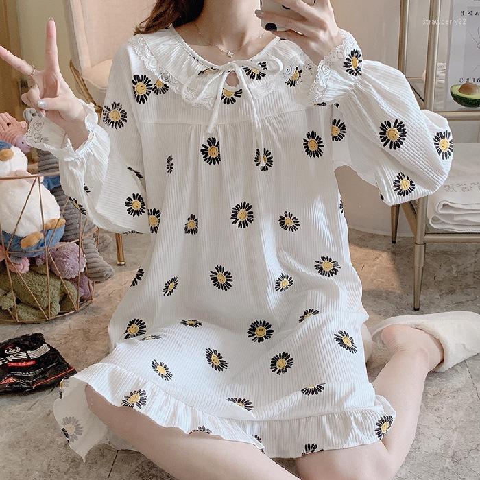 

Women's Sleepwear Sweet Doll Collar Princess Nightgown Kawaii Female Cotton Home Dress Print Flower Sleepshirt Lace Trim Baggy Nightwear, Green bear