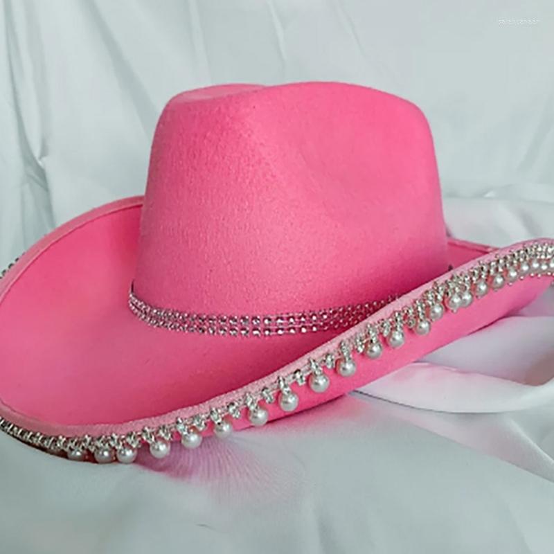 

Berets Shinning Stripe Cowgirl Hat With Dangle Pearl Brim For Wedding Drop, White