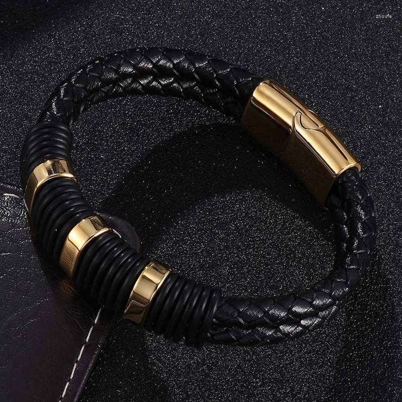 

Charm Bracelets Fashion Jewelry Black Double Braided Leather For Men Gold Color Stainless Steel Magnet Clasp Male Bangles Gift FR0777