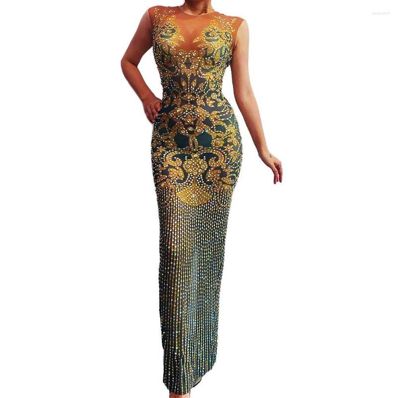 

Stage Wear Sleeveless Shining Rhinestones Sexy Long Split Dress For Women Prom Evening Banquet Party Clothing Singer Costume