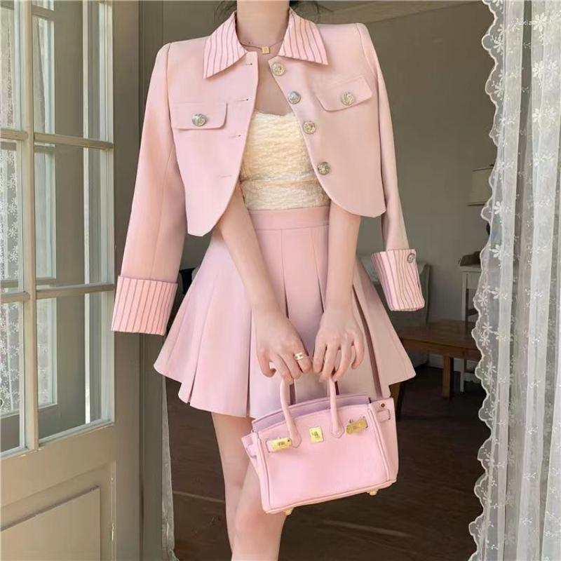 

Work Dresses Fashion Design Sense 2pcs Short Top Women Jacket Coat Skirt Korea Version Dress Suit Sets, Pink