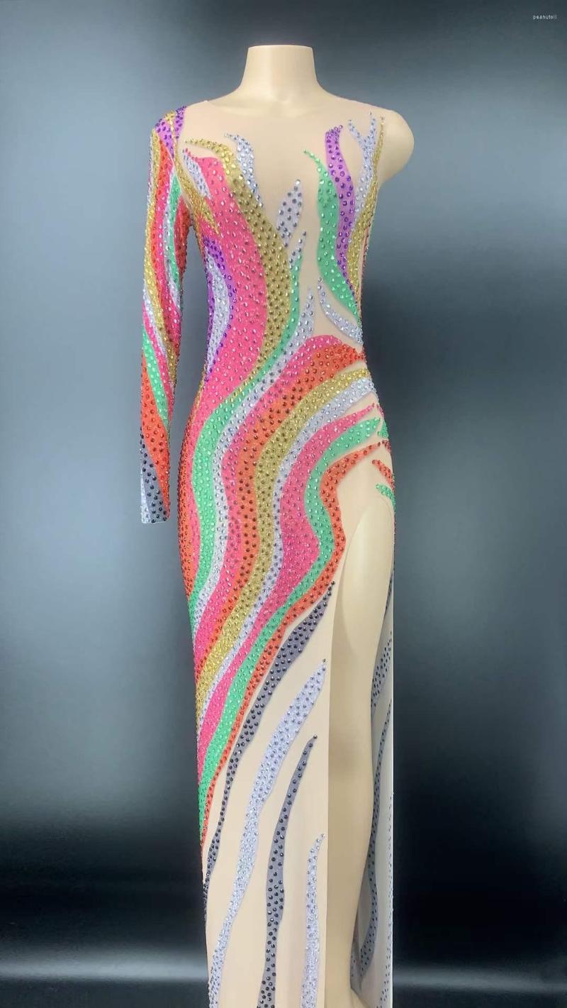 

Stage Wear Shining Colorful Rhinestones One Sleeve Sexy Women Long Split Dress Evening Party Birthday Clothing Costume Drag Queen
