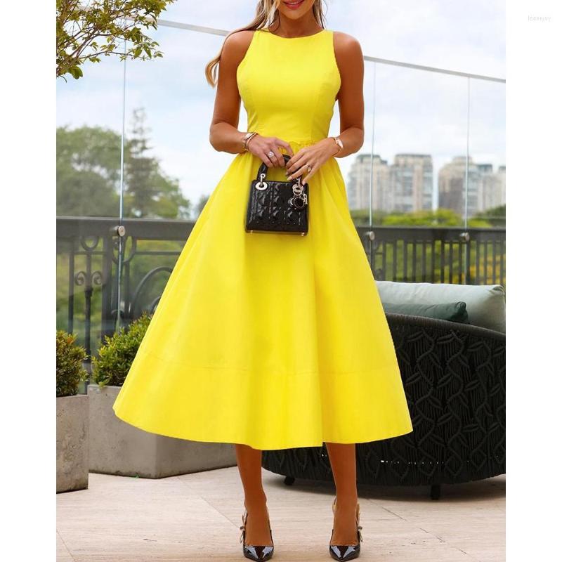 

Casual Dresses Summer Women Round Neck Sleeveless Flared Party Dress Fashion Lady Midi Solid Skinny Street Wear Evening Clothing 2023, Black