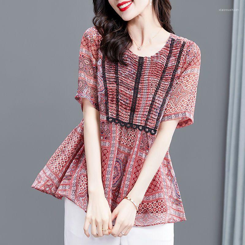 

Women's Blouses Brand Floral Chiffon Shirt Womens Short-sleeved Summer 2023 Fashion Loose Casual Shirts Soft Comfortable Tops Blouse Women, Red