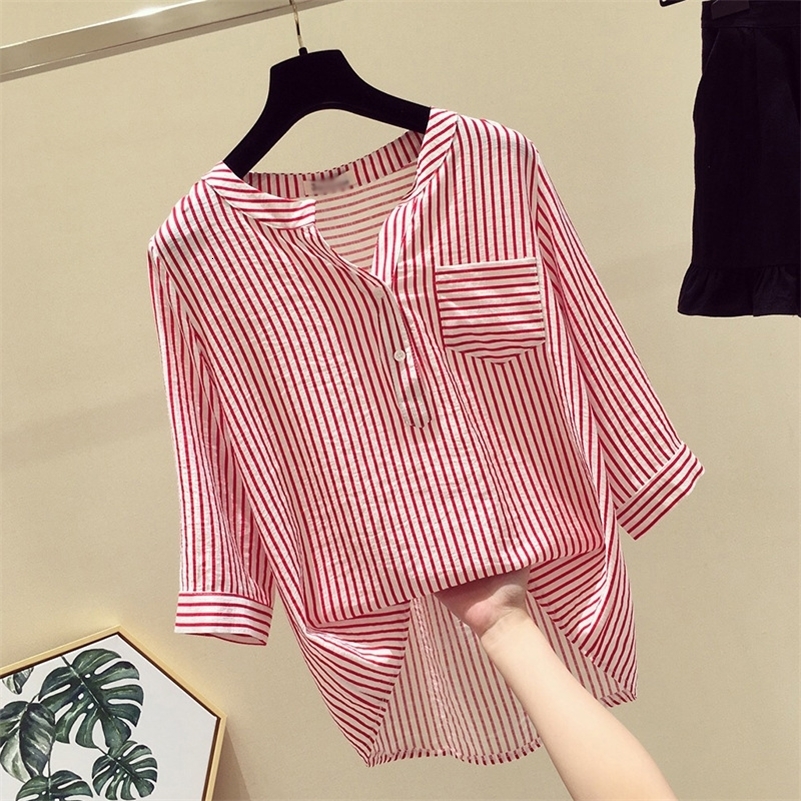 

Women's Blouses Shirts Striped Shirt Female Summer Chiffon Loose V Collar Blouse Clothes Three Quarter Sleeved Casual Fashion Girl Top Shirts H9006 230414, Red