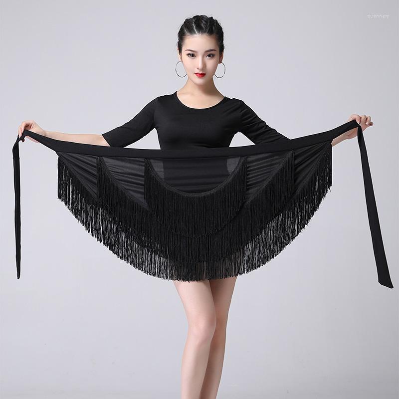 

Stage Wear Latin Tassel Dance Skirt For Women Fringe Hip Scarf Dancing Skirts Wrap Competition Practice Dress, Black