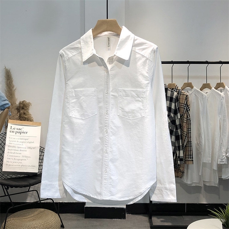 

Women' Blouses Shirts Women Shirts Spring Long Sleeve Blue Blouse Cotton Tops Female Korean Style Brief Turn Down Collar Pockets White Shirts 230414