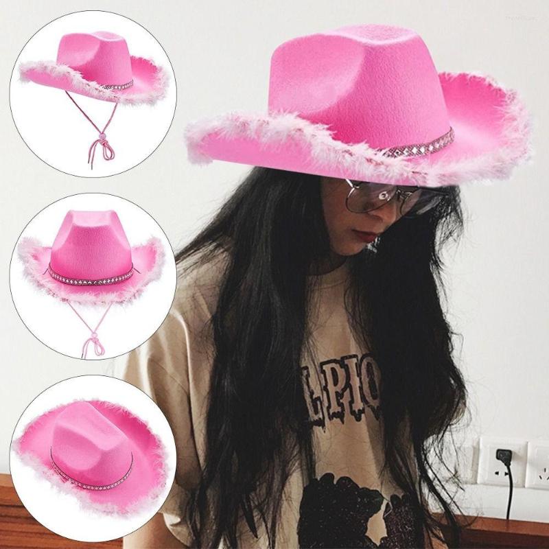

Berets Gorgeous Dress Up Cowgirl Hat Mardi Gras Rave Wide Brim Cowboy Fluffy Feather, Pink
