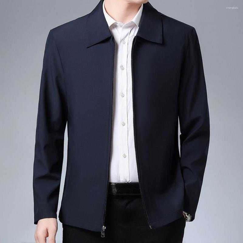 

Men's Jackets Men Coat Smooth Zipper Lapel Collar Solid Color Middle-aged Casual Windproof Non-shrink Male Coats For Work, Black