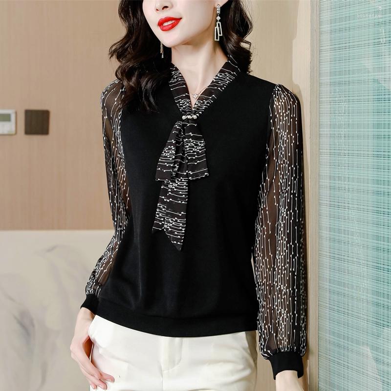 

Women's Blouses Korean Version V-Neck Diamond-Encrusted Three-Dimensional Paneling Bow Autumn Comfortable Long-Sleeved Fashion Chiffon Shirt, Black