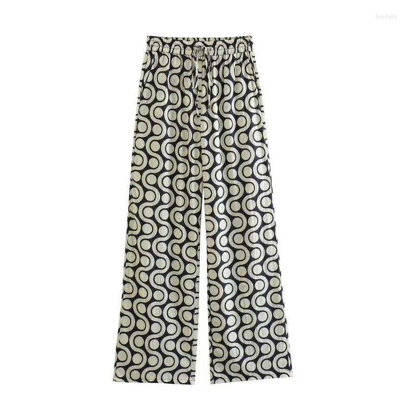 

Women's Pants PB&ZA Women 2023 Chic Fashion Geometric Print Wide Leg Vintage High Waist Female Ankle Trousers Mujer, Green
