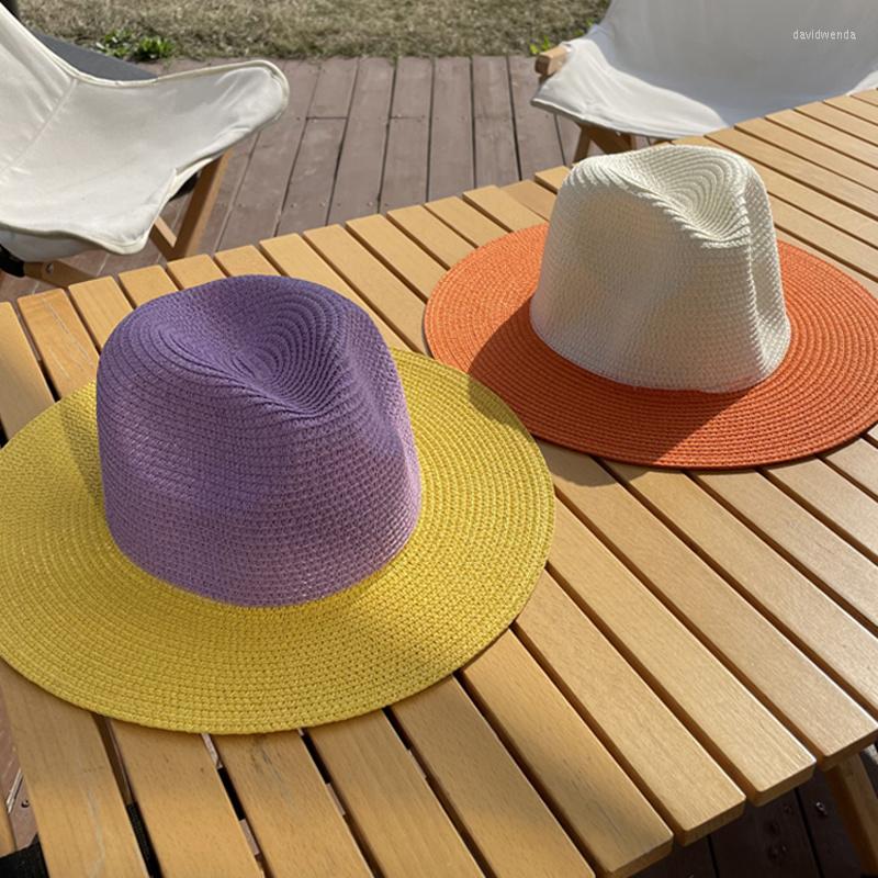 

Wide Brim Hats Handmade Women Summer Jazz Sun Protection Hat Cowboy Cap Girls Temperament Flat Colorful Big Eave Casual Chic, White navy