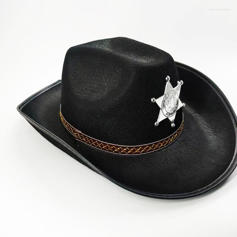 

Berets Fashion Cowboy Hat With Star Shape Badge Large Brim Hats Cowgirl Jazz Daily Wear Windproof Accessories 6XDA, Black