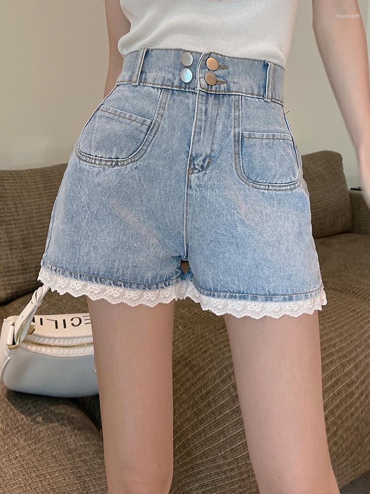 

Women's Shorts FTLZZ Summer Women Empire Slim Denim Casual Lady Bodycon Vintage Female Lace Patchwork, Blue