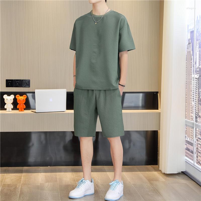 

Men's T Shirts 2023 Summer Men's Suits Cotton Linen Fashion Casual Solid Color Breathable Loose Ice Silk Pleated Short Sleeve Shorts Set, Black