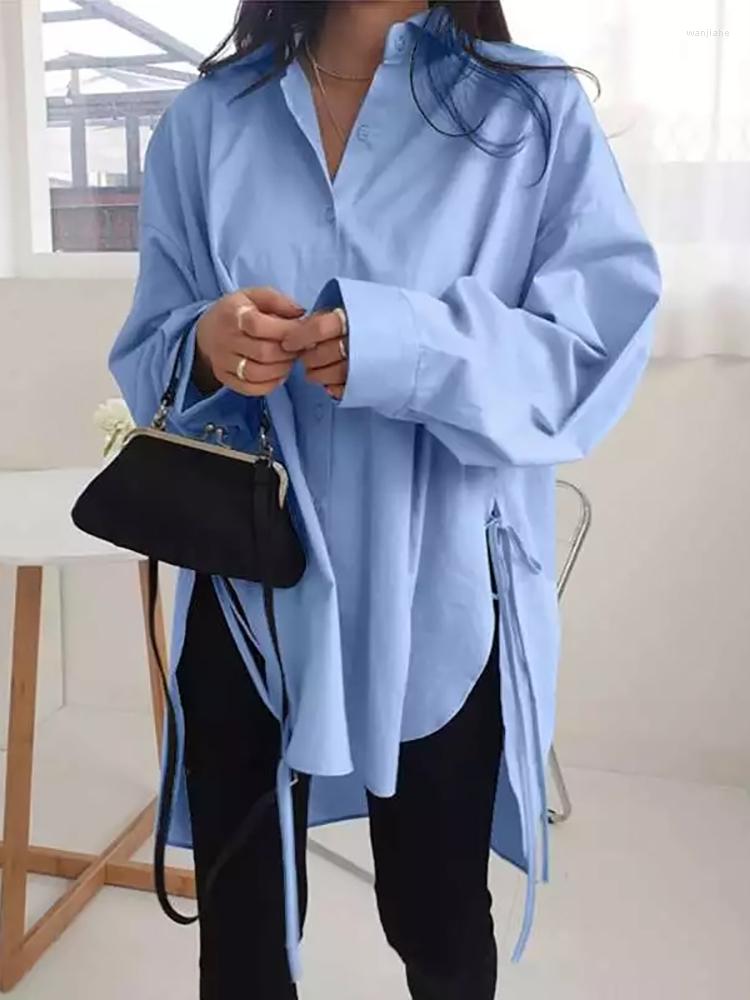 

Women' Blouses Stylish Solid Shirts Women Oversize Asymmetrical Lace Up Blouse Female Casual Loose Button Lapel Shirt Spring Autumn Blusas, White