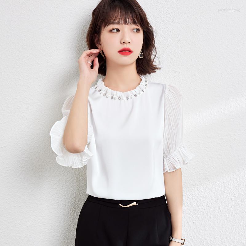 

Women's Blouses Chiffon Shirt For Women Summer 2023 In Solid Casual Loose Short Sleeve White Fashion Top O-neck Diamonds