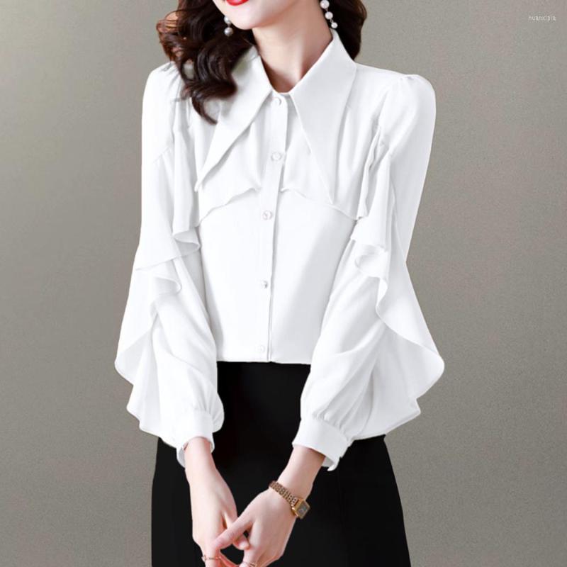 

Women's Blouses Women White Shirts Elegant Ruffles Casual Ladies Clothing Long Sleeve Satin Fashion Spring Summer 2023, Red