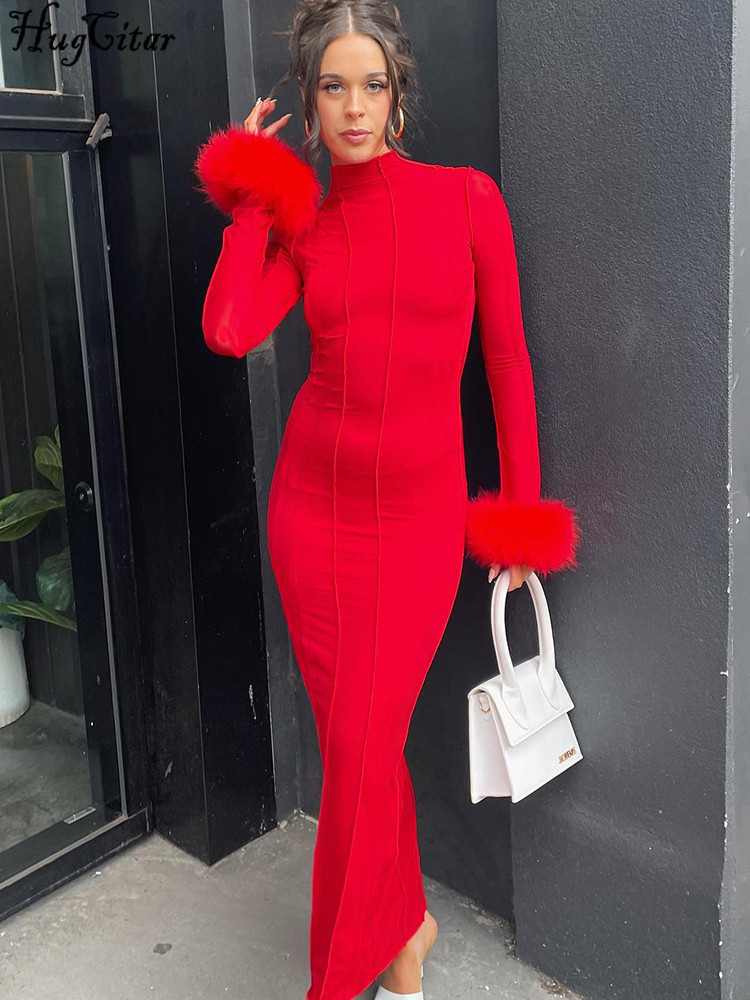 

Casual Dresses Hugcitar Feather Long Sleeves Bright Line Sexy Bodycon Maxi Prom Dress Fall Women Elegant Outfit Evening Party Club Y2K W 230414, Red