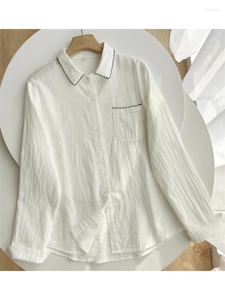 

Women' Blouses Spring Fashion Women' Cute Black Outline Embroidery Long Sleeve Basic White Shirts Female Comfortable Cotton Simple, 20233 white