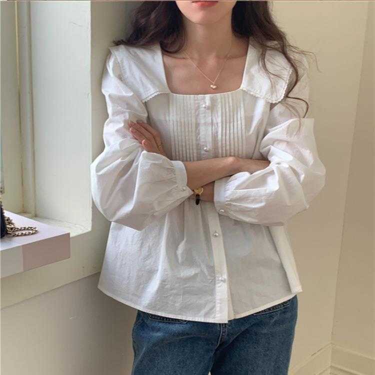 

French Style Shirts Age Reducing Lace Lapel Patchwork Pleated Stylish Shirt, White2